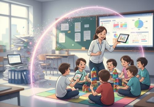 Giáo viên vui vẻ tương tác với học sinh trong lớp học hiện đại, có vòng sáng bảo vệ khu vực dạy học, phía xa là đống giấy tờ hành chính bị giảm bớt, tượng trưng cho việc giải phóng gánh nặng để tập trung vào người học, mừng ngày 20/11.